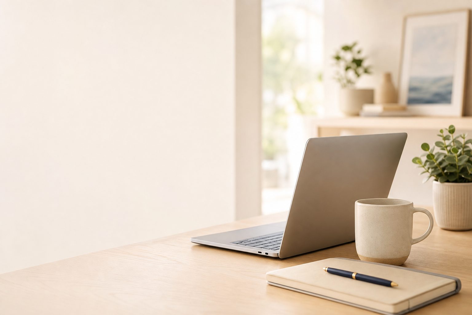A calm, organized home-office desk with a laptop, plant, and coffee — Asega Financial